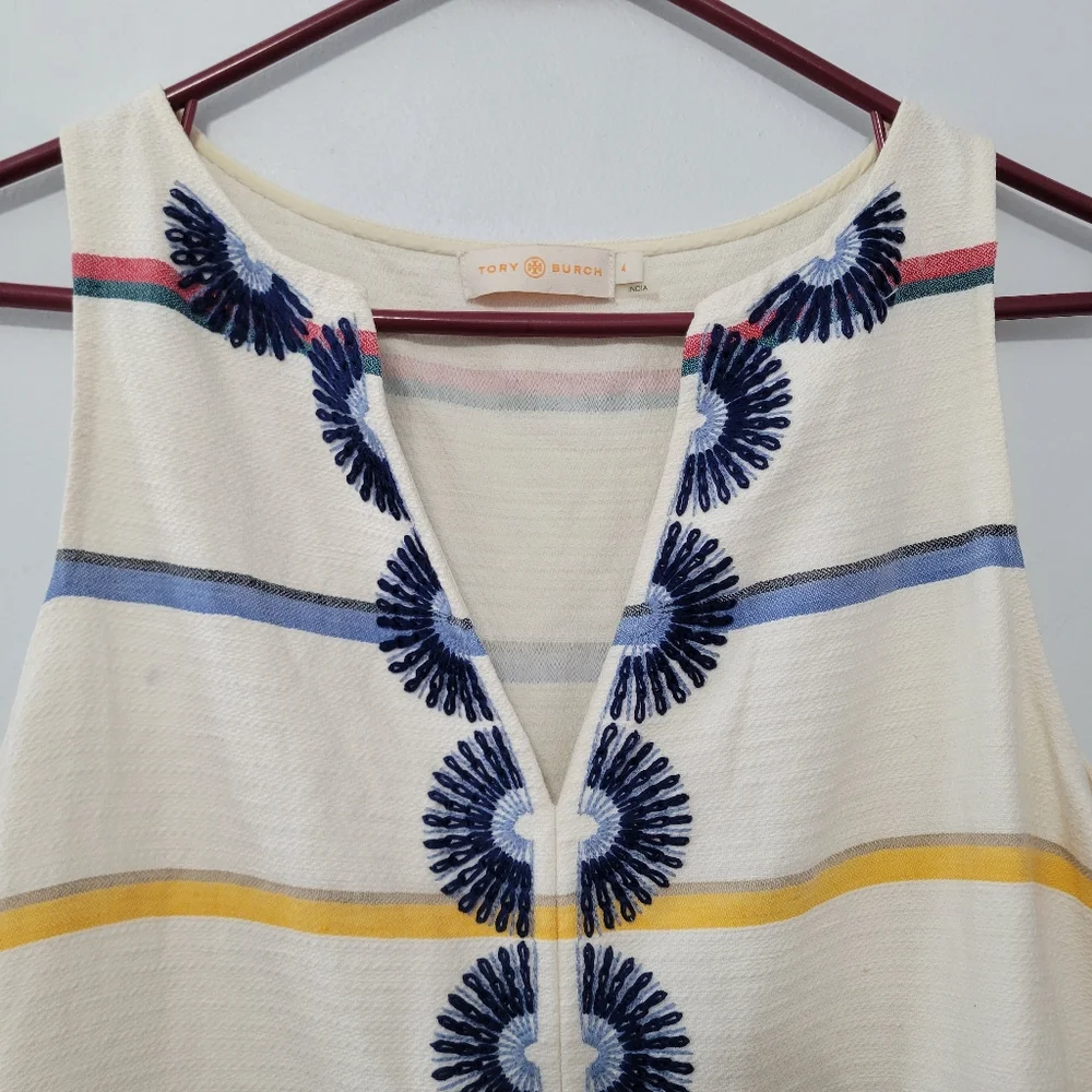 Tory Burch Blaine Tunic Dress Drawstring Waist Sz 4 Linen Blend Nautical Striped - Picture 3 of 14